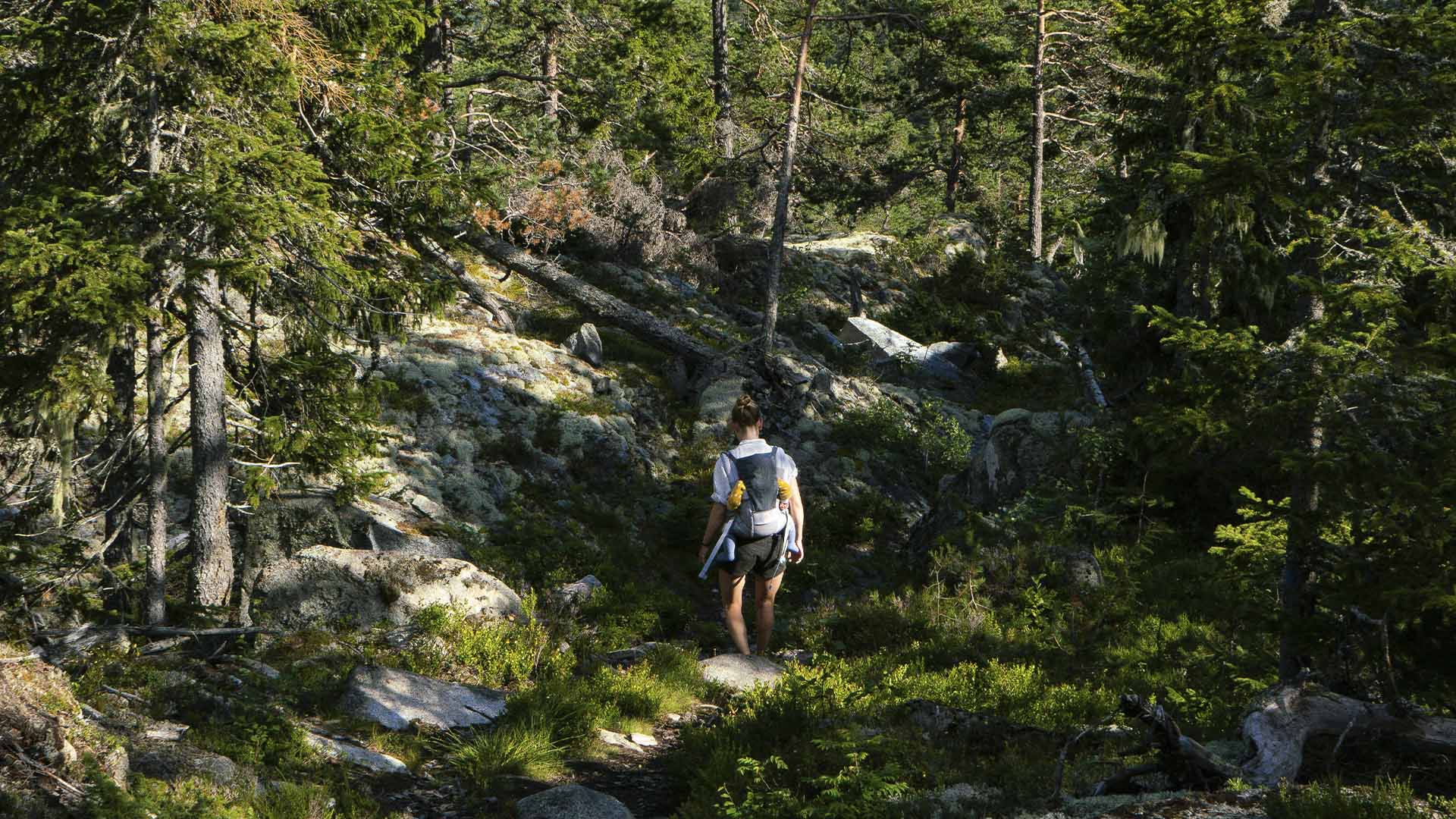 Nainen kävelemässä kesäisessä metsässä.